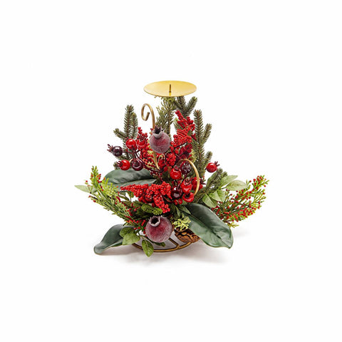 Bruco Candeliere di natale 1 fiamma in metallo con pino e melograni 20xH20 cm
