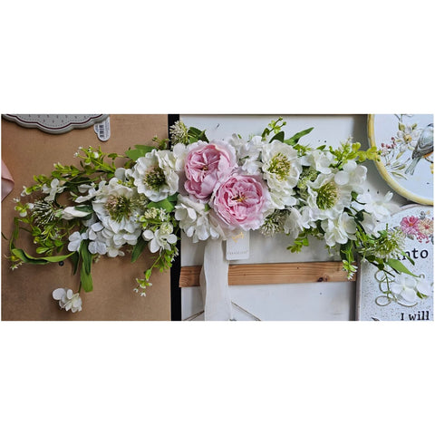 Fiori di lena Tralcio Fuoriporta artigianale con peonie e anemone L70x7 cm