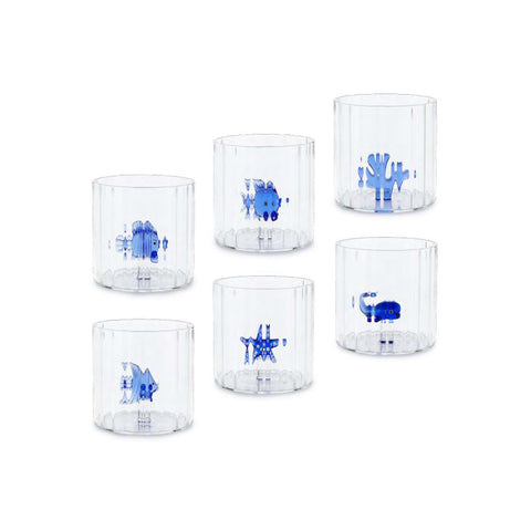 Henriette Set 6 Bicchieri acqua ondulati in vetro con pesciolini "Treasure" 300 ml - Angelica Home Stabia