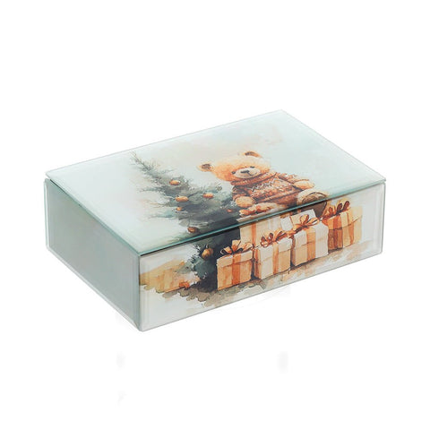 Hervit Cofanetto natalizio con orsetto scatola in legno e specchio 15x10x5 cm