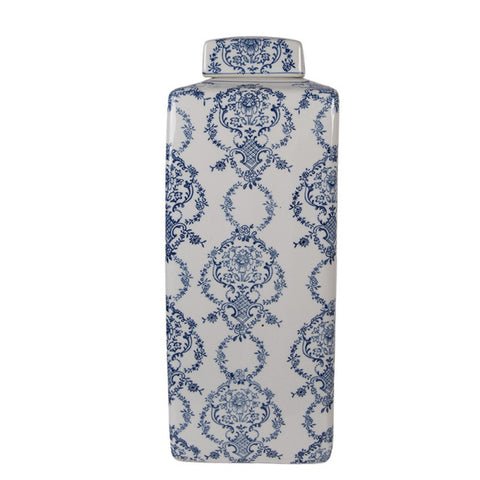 Clayre & Eef Vaso portafiori in ceramica Bianco/Blu con coperchio 16x16xH41 cm