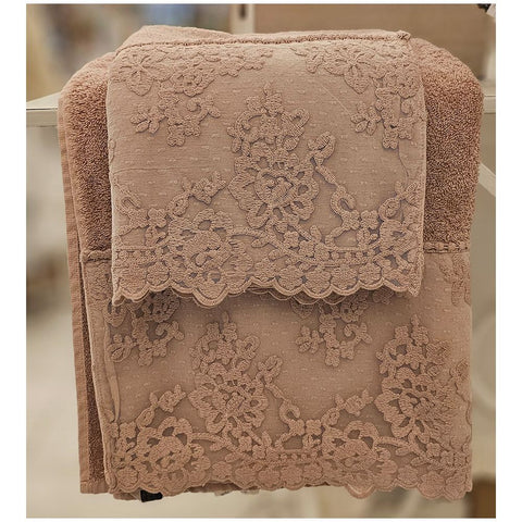 Chez Moi Set of 2 Flora "Colette" cotton and lace towels, Made in Italy