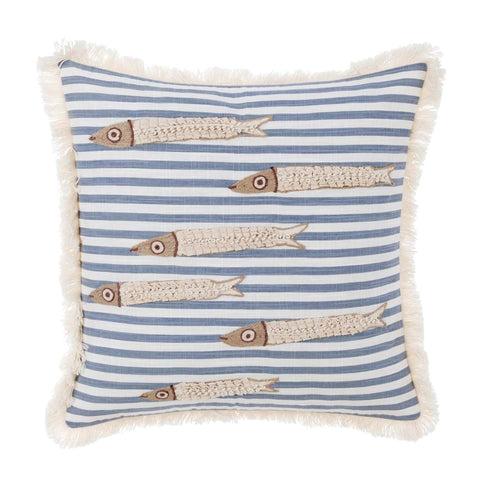 Blanc Mariclò Cuscino arredo ricamato in cotone "Pesci tra le righe" 45x45 cm