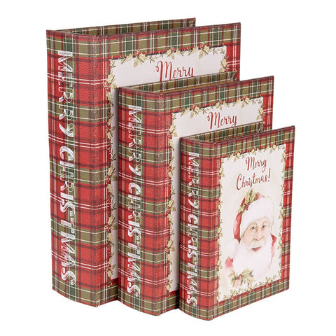 Clayre & Eef Set 3 Scatole Libri natalizi contenitori in legno scozzese