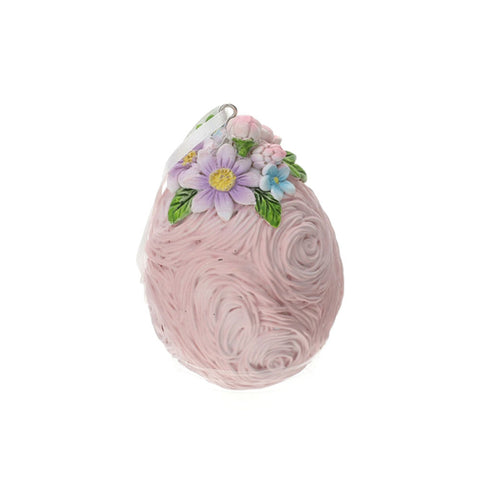 Hervit Uovo pasquale in resina rosa da appendere con fiori D6x9 cm - Angelica Home Stabia