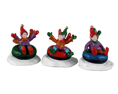 LEMAX Set 3 Personaggi Elfi "Snow Tubers" in resina H4.3 cm