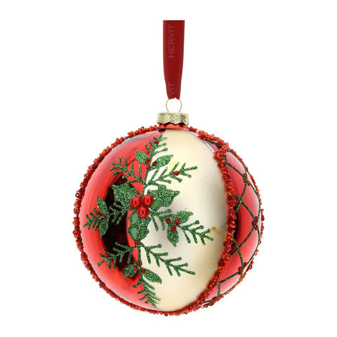 Hervit Boule de Noël en verre avec houx D12 cm