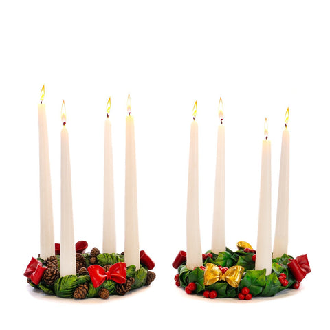 HOLLY/BOW/PINEC.WREATH CANDLE HOLDER ASS/2 TT GRN 22CM
