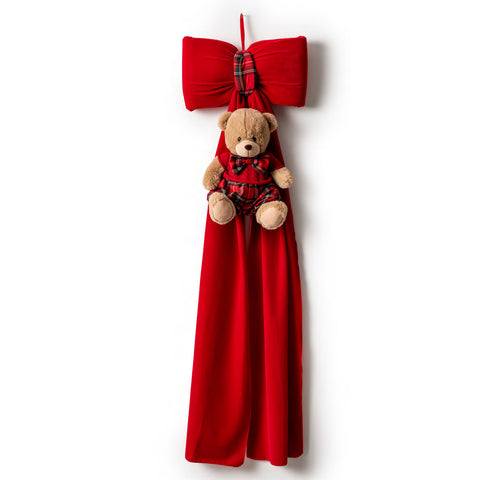 Fiori di Lena Fuoriporta Fiocco di natale in velluto rosso orsetto Teddy H135 cm