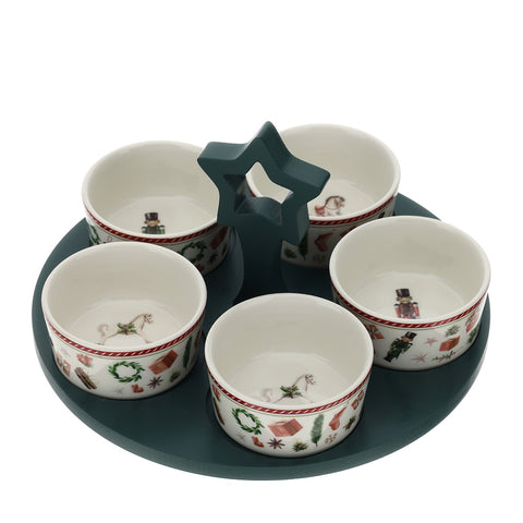 Hervit Set aperitivo natalizio X'MAS ciotole in ceramica con base in legno D25 cm