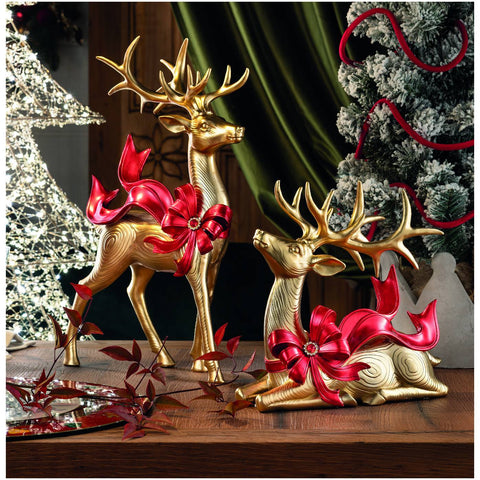Henriette Set 2 Statuette Renne di natale in resina con fiocco "Royal Forest"