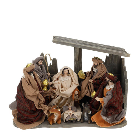HERVIT Decorazione natalizia natività con capanna statuina in legno e tessuto 43x30 cm