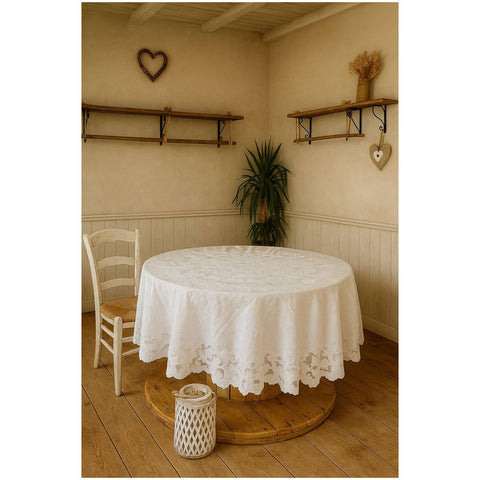Nappe ronde en lin blanc brodée de fleurs « Perséphone » pour vous, diamètre 200 cm.