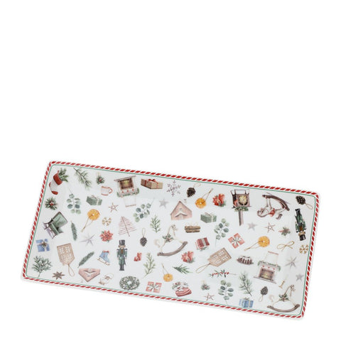 Hervit Vassoio rettangolare natalizio piatto con stampa X'MAS porcellana 30x15 cm
