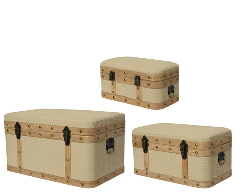 set Cassapanca rettangolare in MDF con bordo in legno e chiusura in rame, motivo intrecciato.