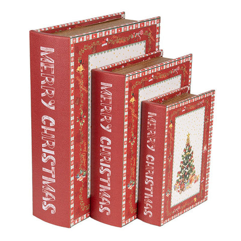Clayre & Eef Set 3 Scatole Libri natalizi in legno con albero