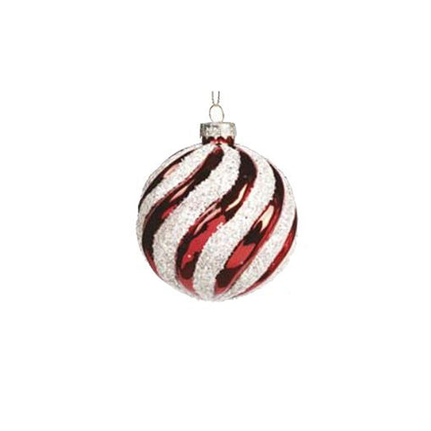 Boule de Noël GOODWILL décoration sapin rayé pailleté en verre blanc et rouge H8cm