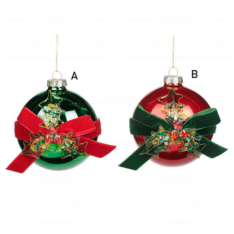 GOODWILL Boule de Noël avec décoration noeud en velours 2 variantes rouge et vert 10 cm