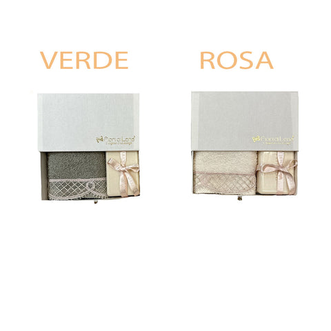 FIORI DI LENA Set lavetta asciugamano piccola ospiti con trinetta oro e saponetta 100 gr made in italy 2 varianti L 30x30 cm
