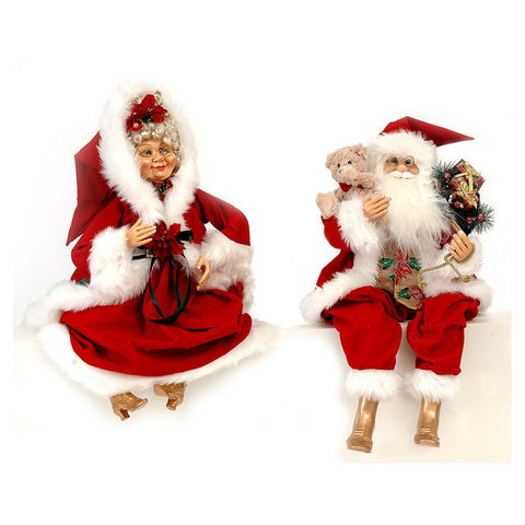 VETUR Set 2 Addobbi natalizi Babbo Natale e signora Natale seduti in resina/tessuto 76 cm