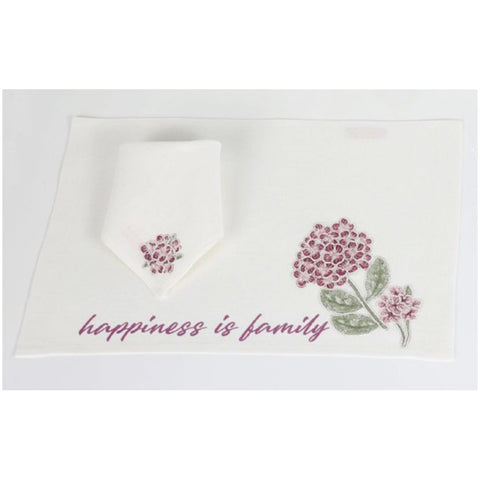 Lena's flowers Linen breakfast placemat with hydrangeas + napkin made in Italy 48x32 cm