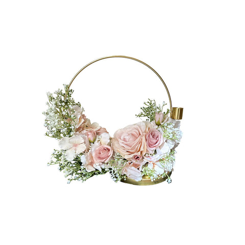 FIORI DI LENA Bougeoir rose cercle avec hortensia rose et brume en métal doré 100% made in Italy H 27 cm