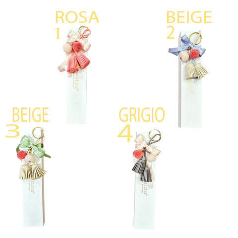 FIORI DI LENA Boîte de faveur avec porte-clés pompons, bonbons et dragées 100% Made in Italy 4 variantes H/L 22,5x4,5 cm