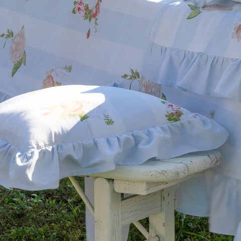 L'ATELIER 17 Set of 2 cushions Striped white/light blue kitchen chair cover with flounce and "Alice" flowers