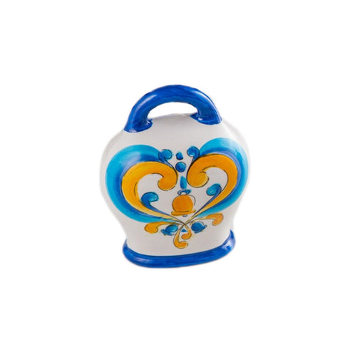 SHARON Maxi porcelain bell with yellow and blue decoration with blue handle H26 cm