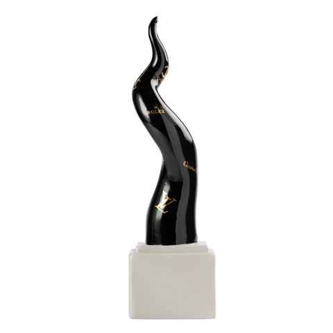SBORDONE Horn in black porcelain on a white base with golden logos 10xh36 cm