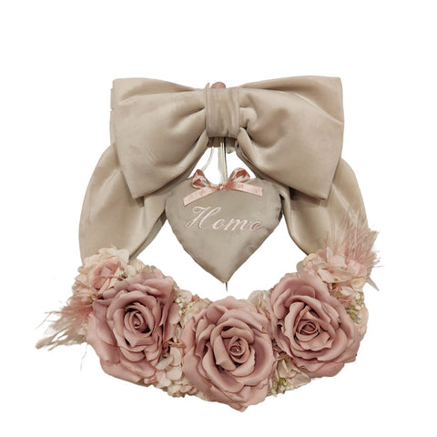 FIORI DI LENA Wreath with ivory velvet bow, three roses and heart with "Home" writing Ø35 cm
