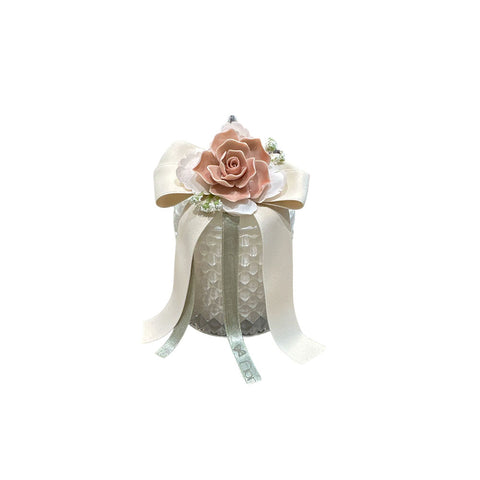 FIORI DI LENA Bougie 160 gr avec rose en porcelaine de Capodimonte, décoration d'arc et boîte en verre idée de faveur de mariage 100% made in Italy H 14 cm