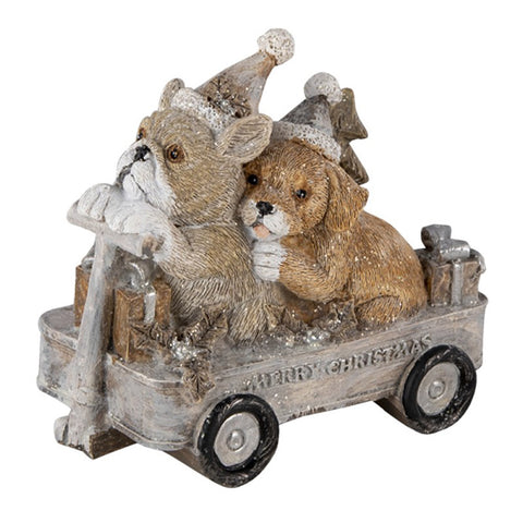 Clayre &amp; Eef Gray polyresin trolley with dogs Christmas decoration 10x6x9 cm