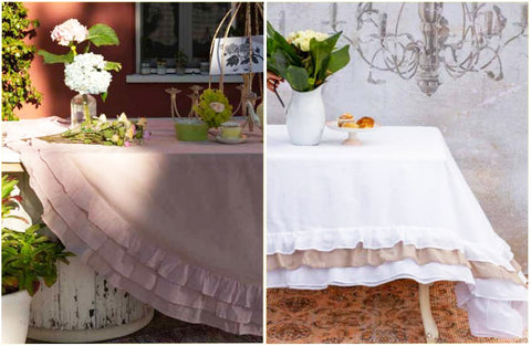 L'ATELIER 17 Round kitchen tablecloth in pure cotton with contrasting and solid color ruffles, Shabby Chic "Sucre" DØ180 cm 6 variants