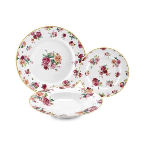 FADE Set of 18 plates "ROSEMARY" 6 places floral pattern gold edge Ø10,5 Ø9,5 Ø7,5 cm