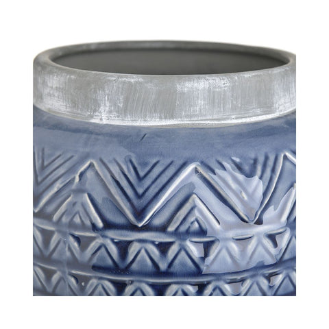 INART Vaso decorativo rotondo per piante o fiori da interno blu lucido in ceramica effetto anticato con ornamenti, moderno / Vintage