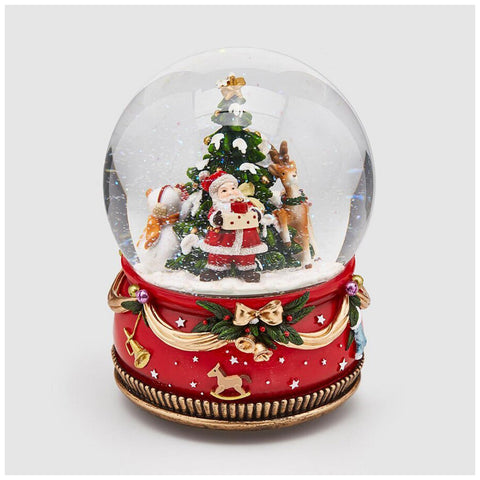 EDG Glass ball Music box Santa Claus with pine tree and gifts D15xH21 cm