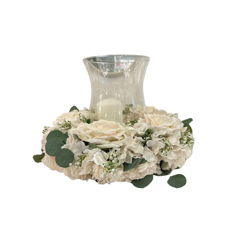 FIORI DI LENA Centrotavola portacandela eucalipto con 8 rose, ortensie e flambeau con candela 100% Made in taly Ø60 cm