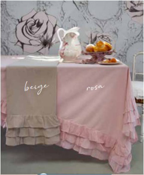 L'ATELIER 17 Rectangular kitchen tablecloth in pure cotton with contrasting and solid color ruches, Shabby Chic "Sucre" 150x220 cm 6 variants