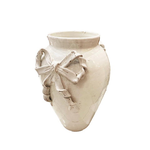 LEONA Umbrella stand with bows Shabby Chic white ceramic tall vase H50 cm