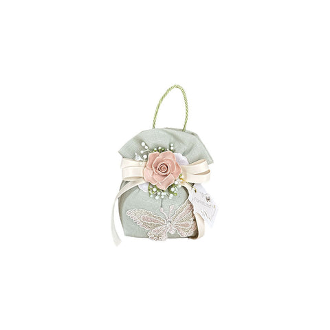 FIORI DI LENA Sacchetto in lino con rosellina porcellana Capodimonte farfalla in pizzo e strass idea bomboniera 100% made in italy H 14 cm
