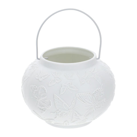 HERVIT Lanterna in porcellana bianca biscuit con farfalle in rilievo Ø12x9 cm