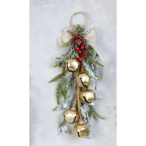 FIORI DI LENA Campanaccio a 5 con pendente decoro natalizio fiocco di nastri H 45 cm