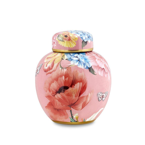 Fade Round pink Potiche vase with flowers and butterflies and porcelain lid "Camargue" Modern, Glamor 18x18cm