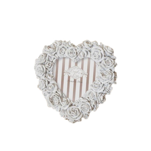 CUDDLES AT HOME ROSE heart-shaped photo frame with white resin roses 8x8 cm