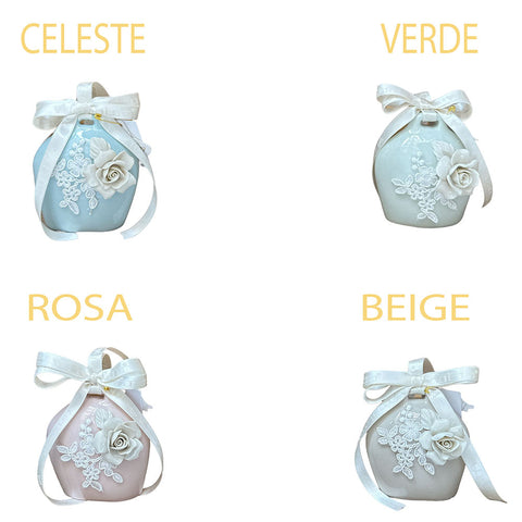 FIORI DI LENA Campanella con rosellina in porcellana Capodimonte, pizzo e scatola made in italy 4 varianti H 9 cm