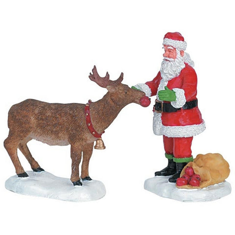 Figurine LEMAX Père Noël avec renne pour village de Noël polyrésine H7.3cm