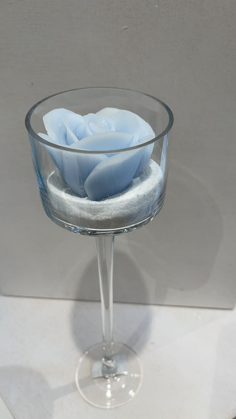 CERERIA PARMA Glass goblet with light blue rose candle H25 cm 25286POL