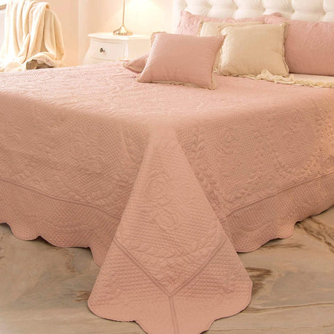 L'ATELIER 17 Boutis double bed, solid color quilt with 2 summer pillowcases in microfibre with "Lille" embossed flowers, Shabby Chic 260x260 cm 4 variants