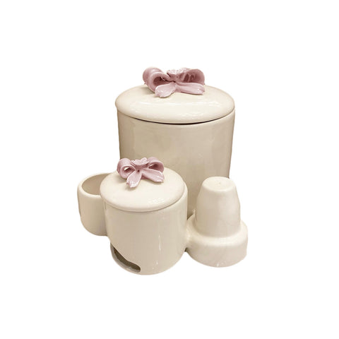 AD REM COLLECTION Set porte dosette avec noeud rose en porcelaine blanche H15 cm
